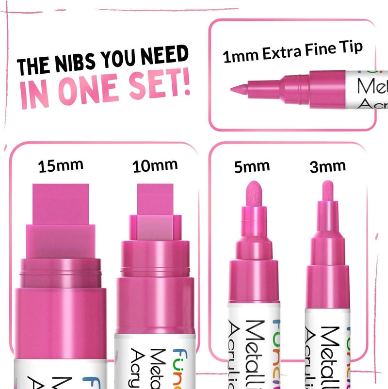 Funcils 5 Acrylic Metallic Pink Paint Pen - Extra Fine Tip, Thin & Jumbo (1mm, 3mm, 6mm, 10mm, 15mm) - Paint Markers for Metal, Rocks, Plastic, Canvas, Wood, Fabric, Tire, Glass. Pink Permanent Marker - Image 2